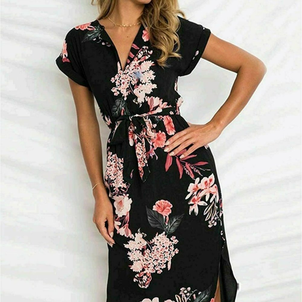 Black Floral Summer Dress with Belt - Picture 3 of 7